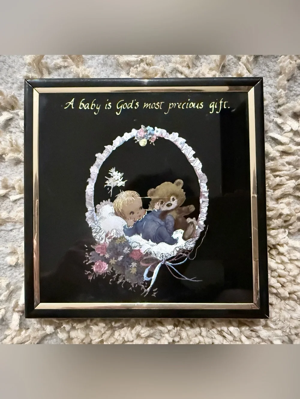 Vintage 1980s Kafka Baby Nursery Theme Foil Art Glass Prints 6x6 Pair